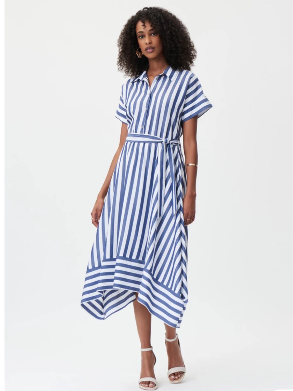 Joseph Ribkoff Navy and White Striped High-Low Shirt Dress
